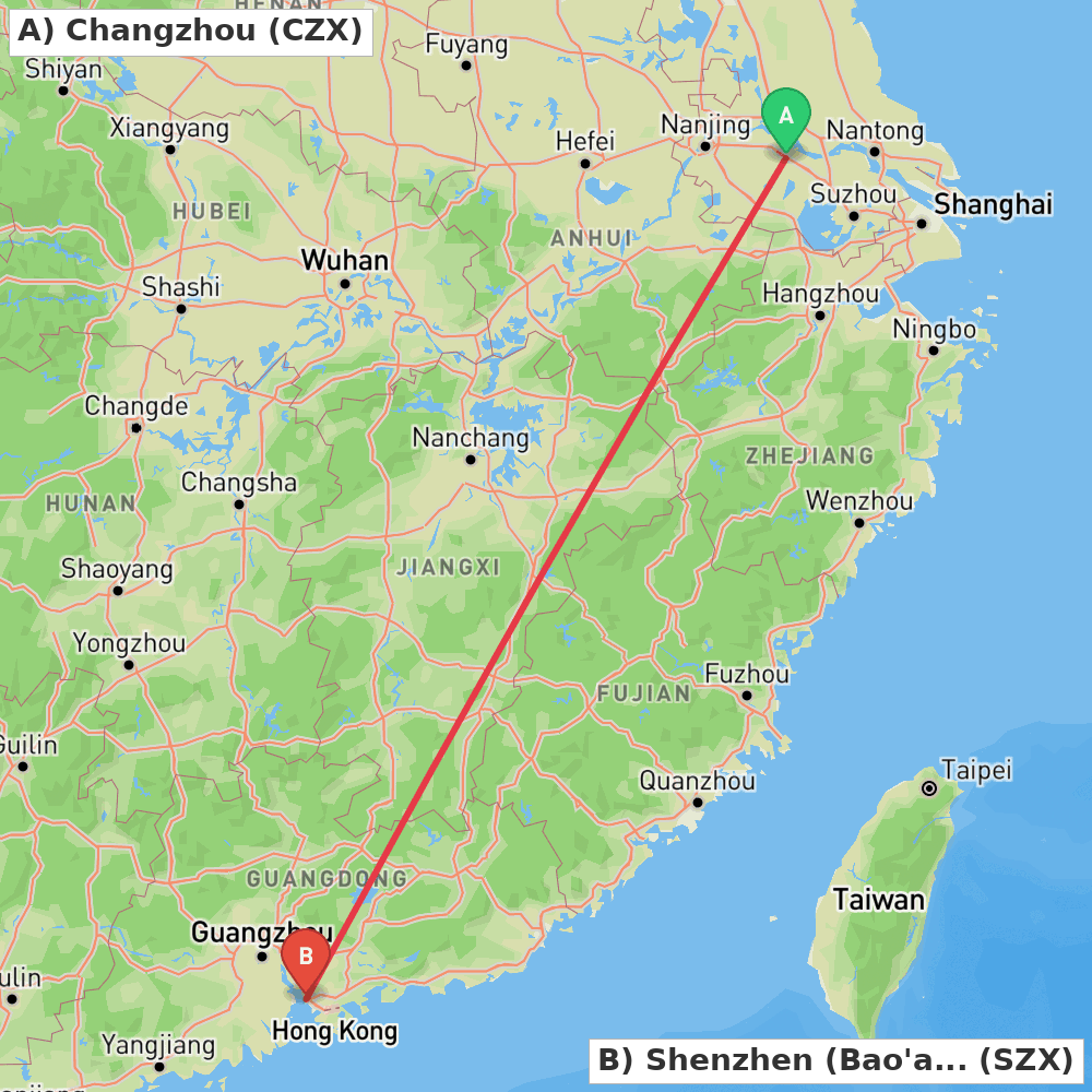 Flight route map from Changzhou to Shenzhen (Bao'an)