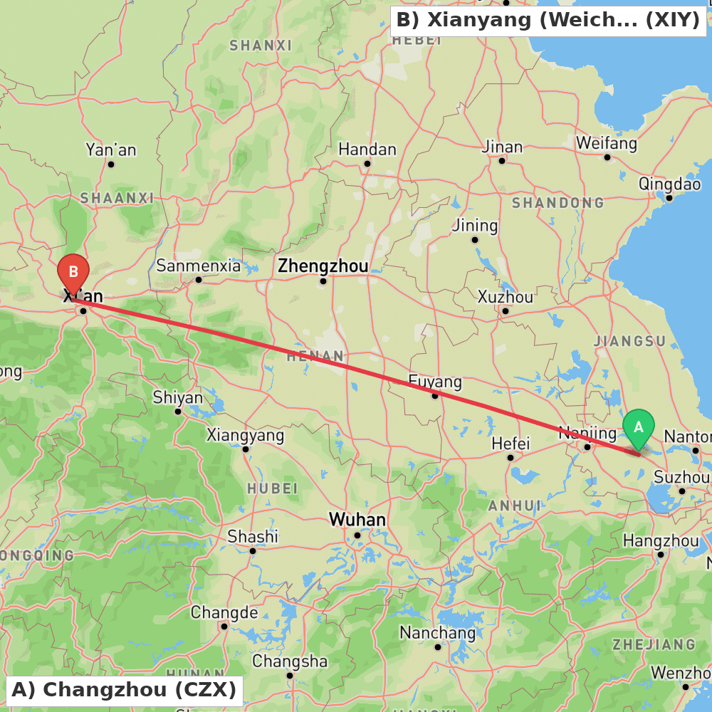 Flight route map from Changzhou to Xianyang (Weicheng)