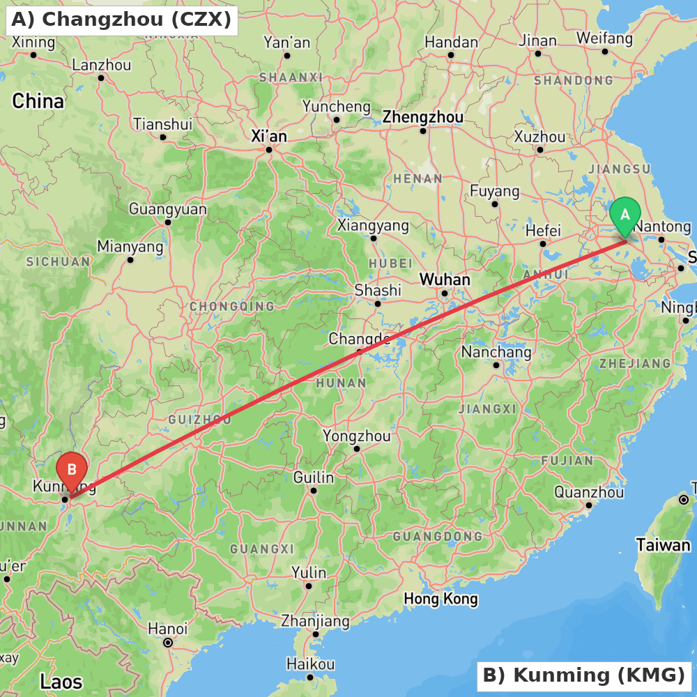 Flight route map from Changzhou to Kunming