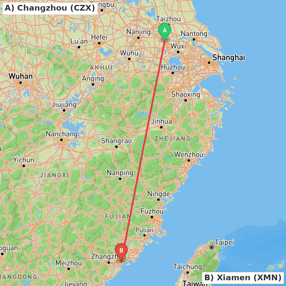 Flight route map from Changzhou to Xiamen
