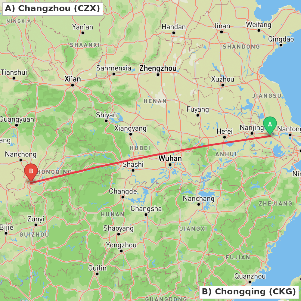 Flight route map from Changzhou to Chongqing