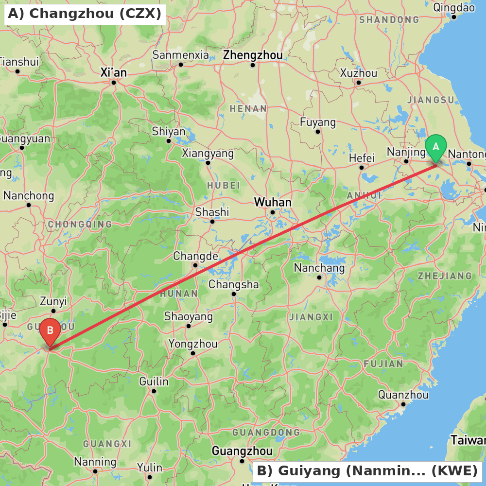 Flight route map from Changzhou to Guiyang (Nanming)