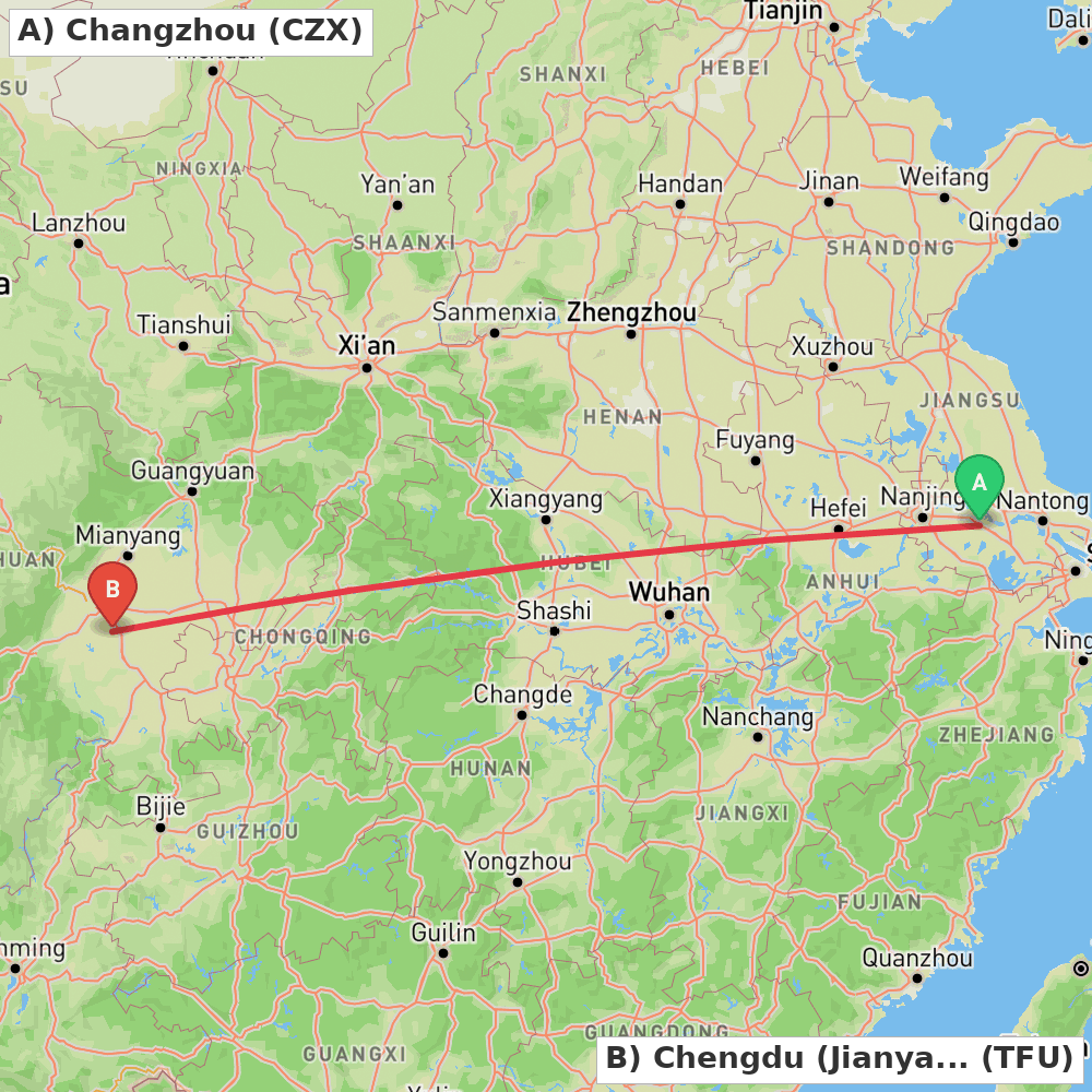 Flight route map from Changzhou to Chengdu (Jianyang)