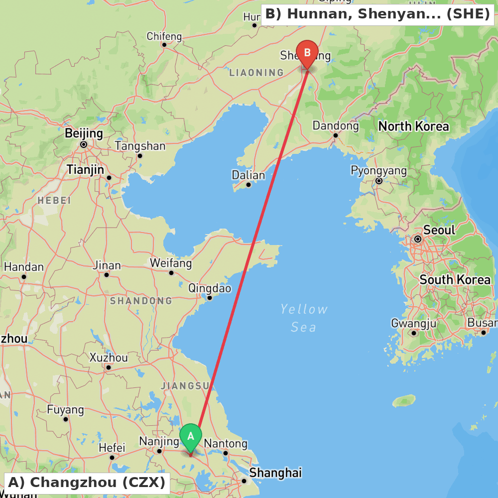 Flight route map from Changzhou to Hunnan, Shenyang