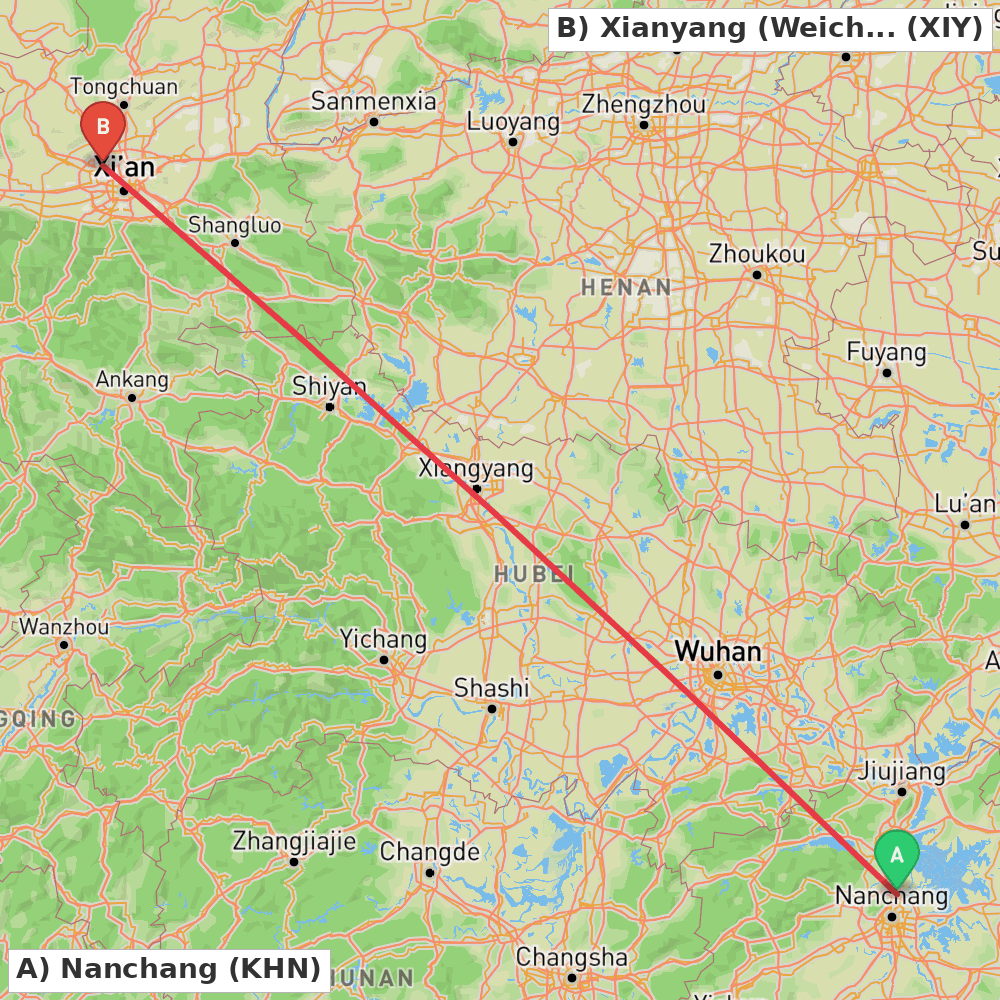 Flight route map from Nanchang to Xianyang (Weicheng)