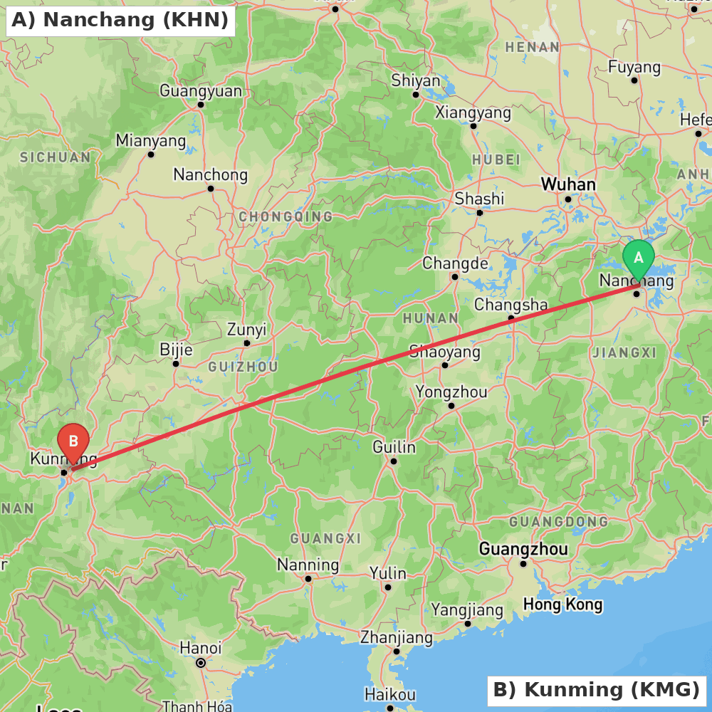Flight route map from Nanchang to Kunming