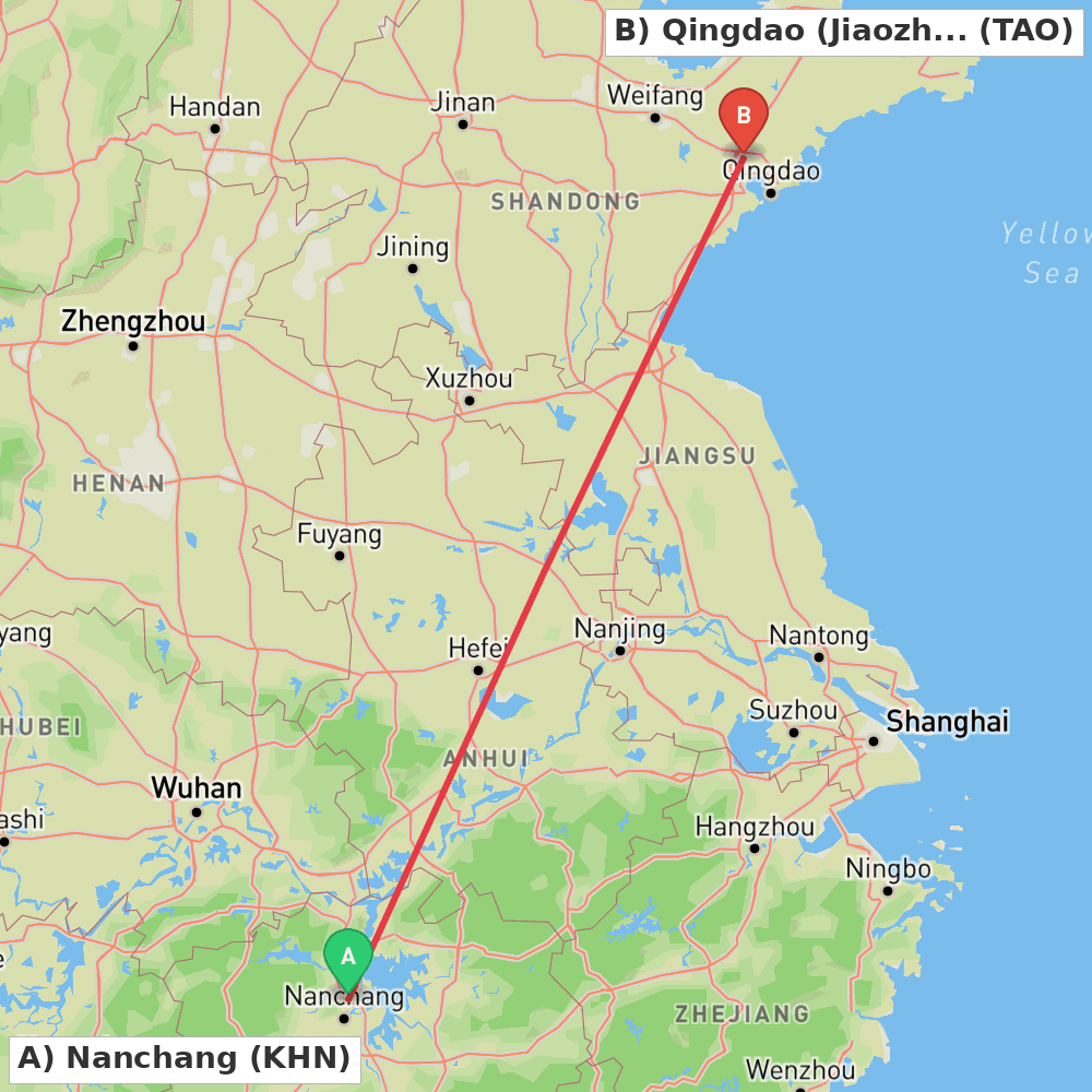 Flight route map from Nanchang to Qingdao (Jiaozhou)