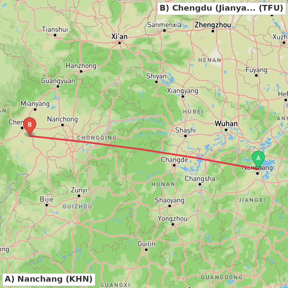 Flight route map from Nanchang to Chengdu (Jianyang)