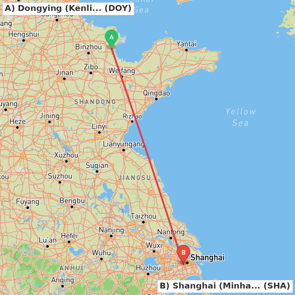Flight route map from Dongying (Kenli) to Shanghai (Minhang)