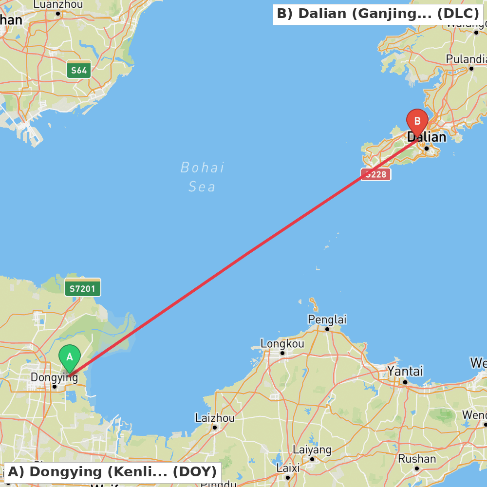 Flight route map from Dongying (Kenli) to Dalian (Ganjingzi)