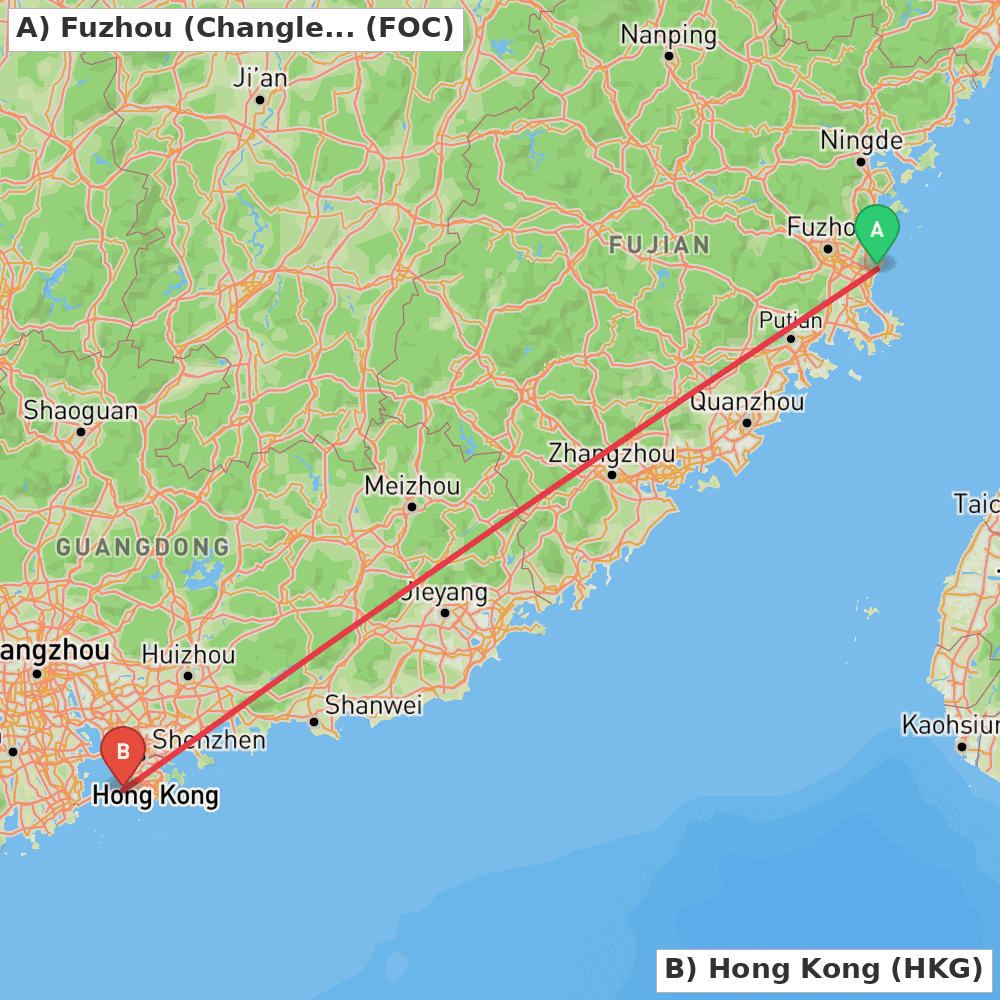 Flight route map from Fuzhou (Changle) to Hong Kong