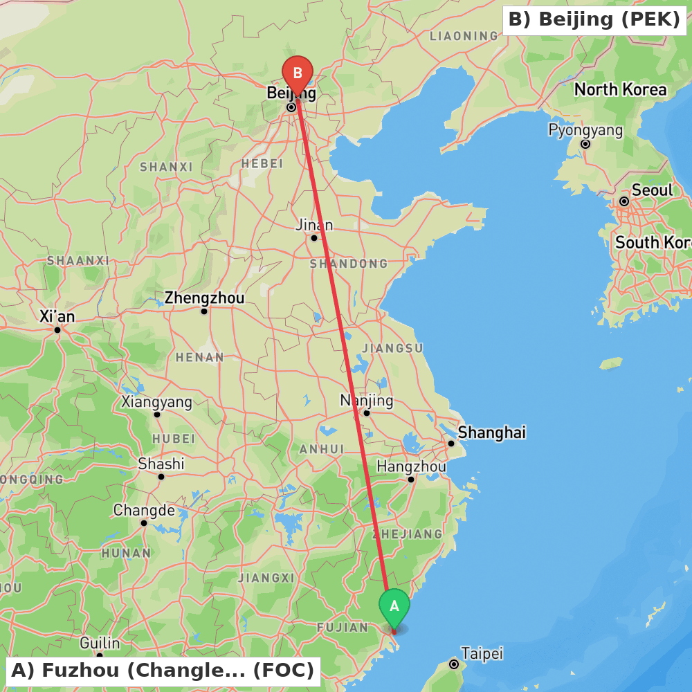 Flight route map from Fuzhou (Changle) to Beijing