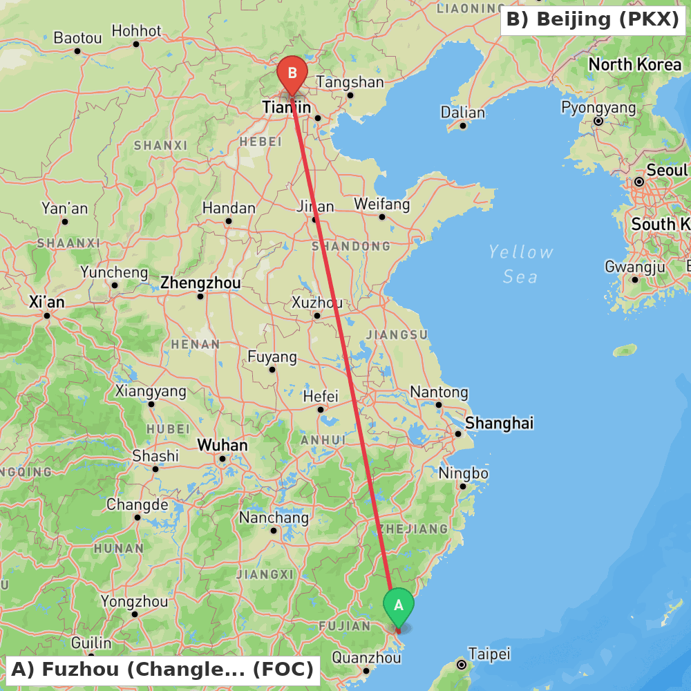 Flight route map from Fuzhou (Changle) to Beijing