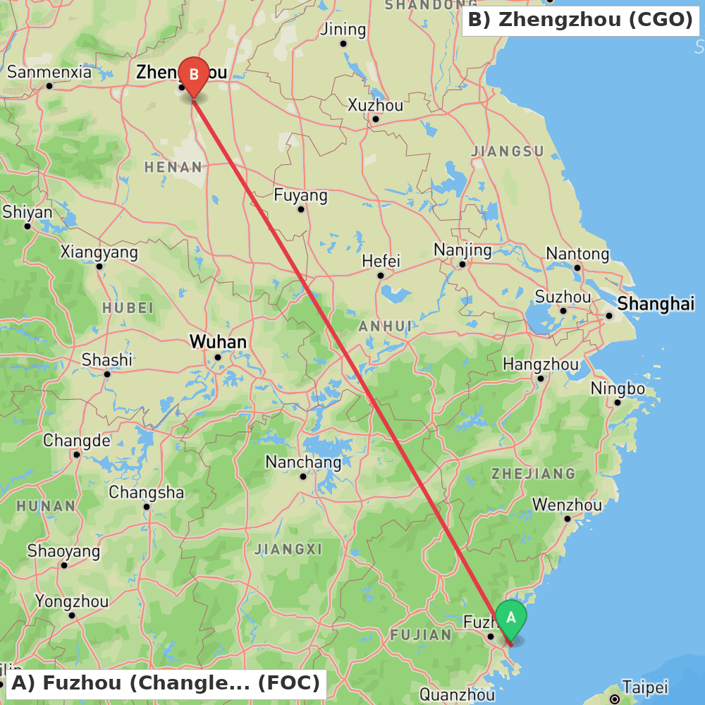 Flight route map from Fuzhou (Changle) to Zhengzhou