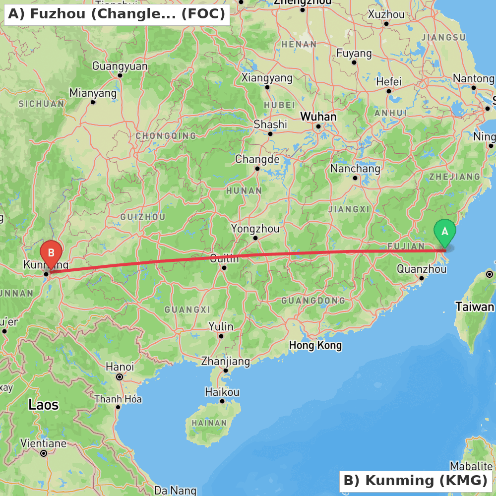 Flight route map from Fuzhou (Changle) to Kunming