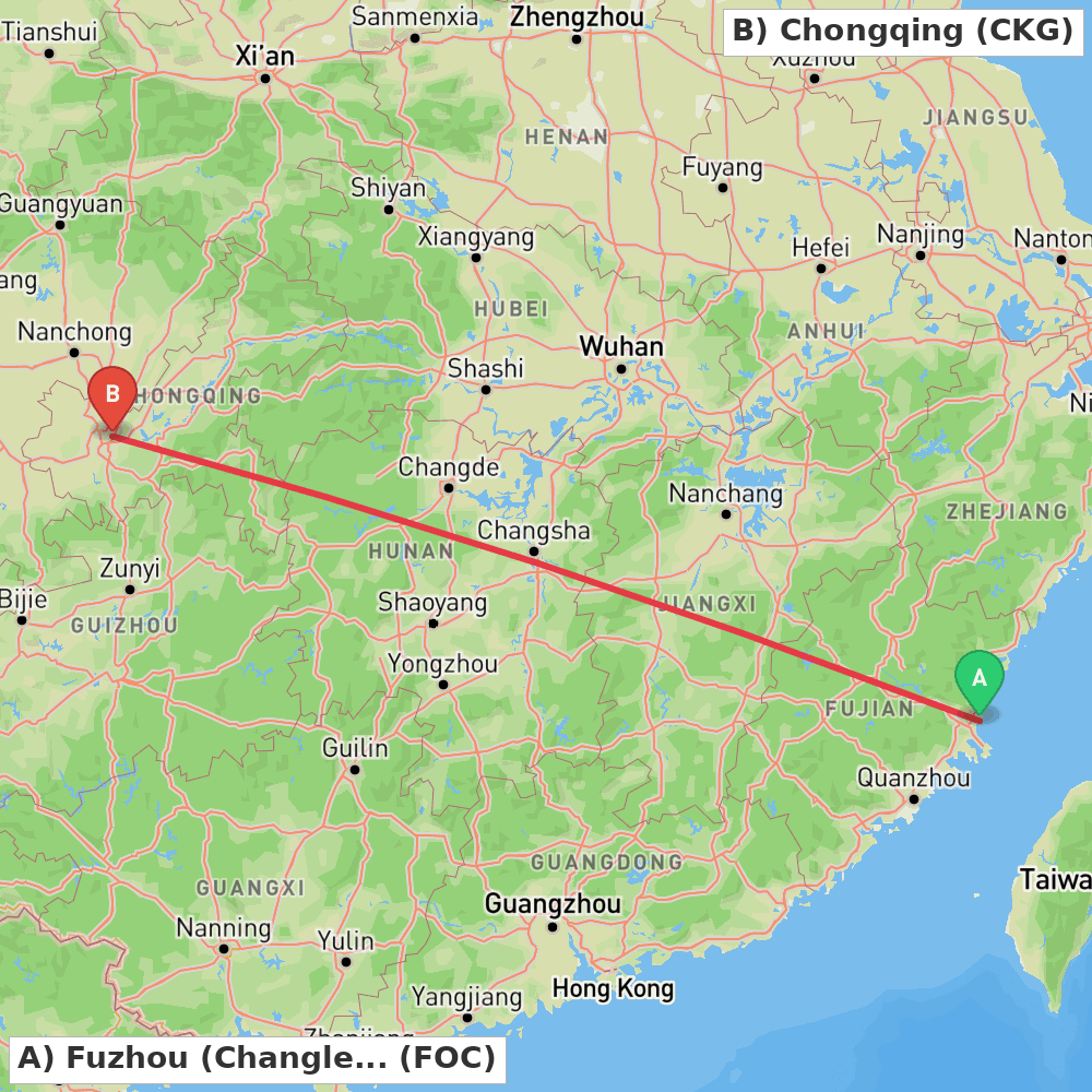 Flight route map from Fuzhou (Changle) to Chongqing