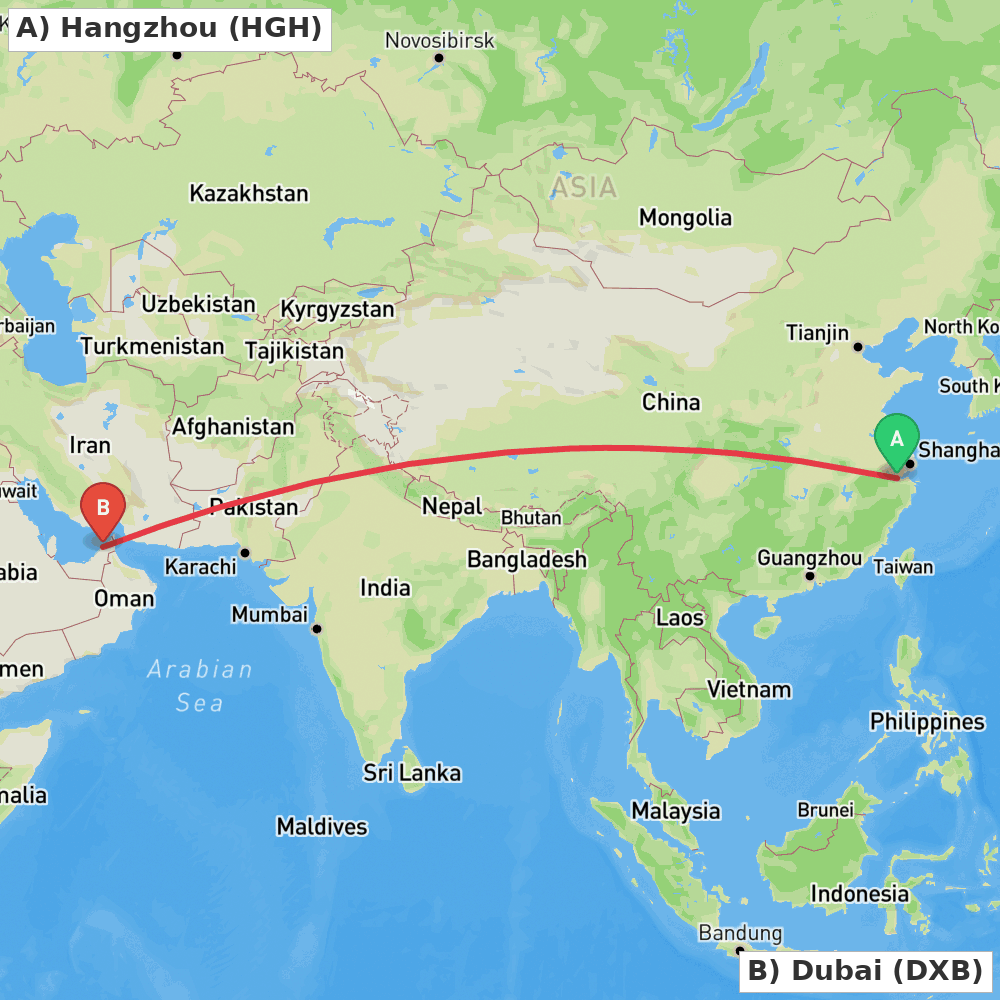 Flight route map from Hangzhou to Dubai