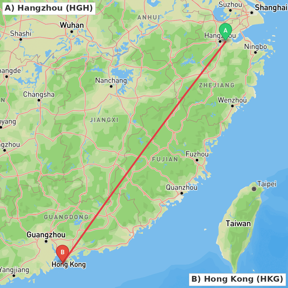 Flight route map from Hangzhou to Hong Kong
