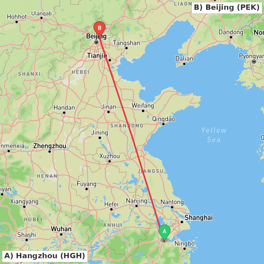 Flight route map from Hangzhou to Beijing