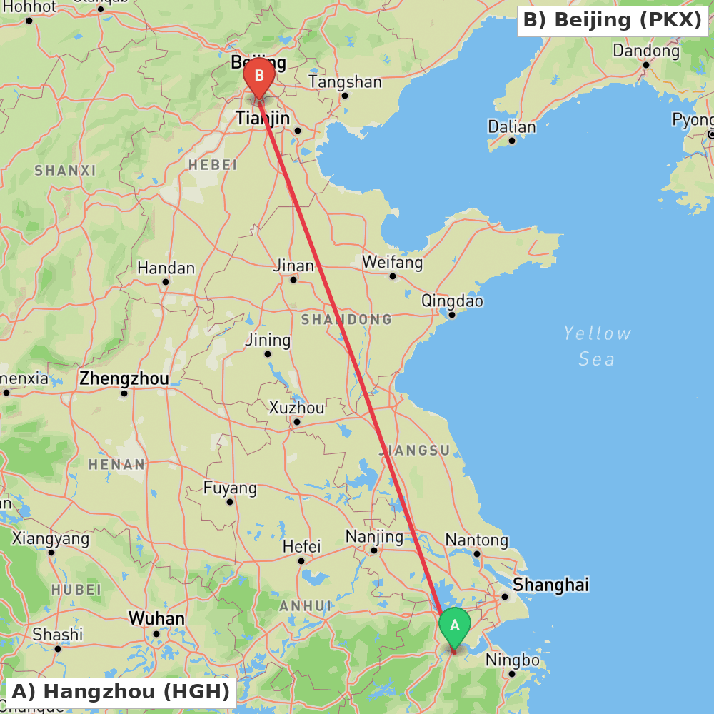 Flight route map from Hangzhou to Beijing