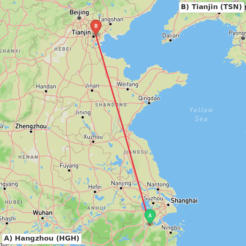 Flight route map from Hangzhou to Tianjin