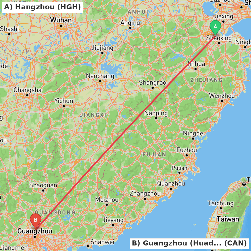 Flight route map from Hangzhou to Guangzhou (Huadu)