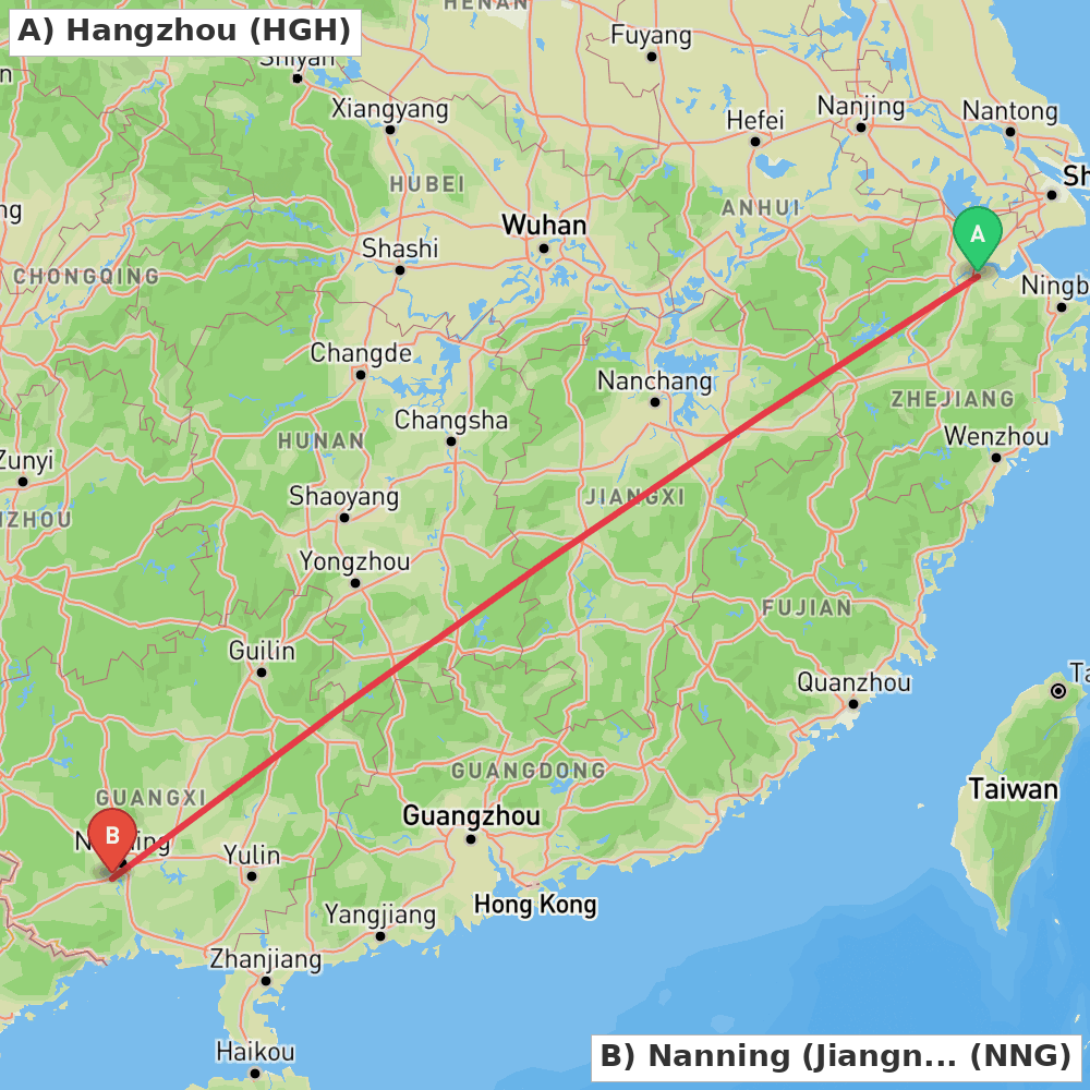 Flight route map from Hangzhou to Nanning (Jiangnan)