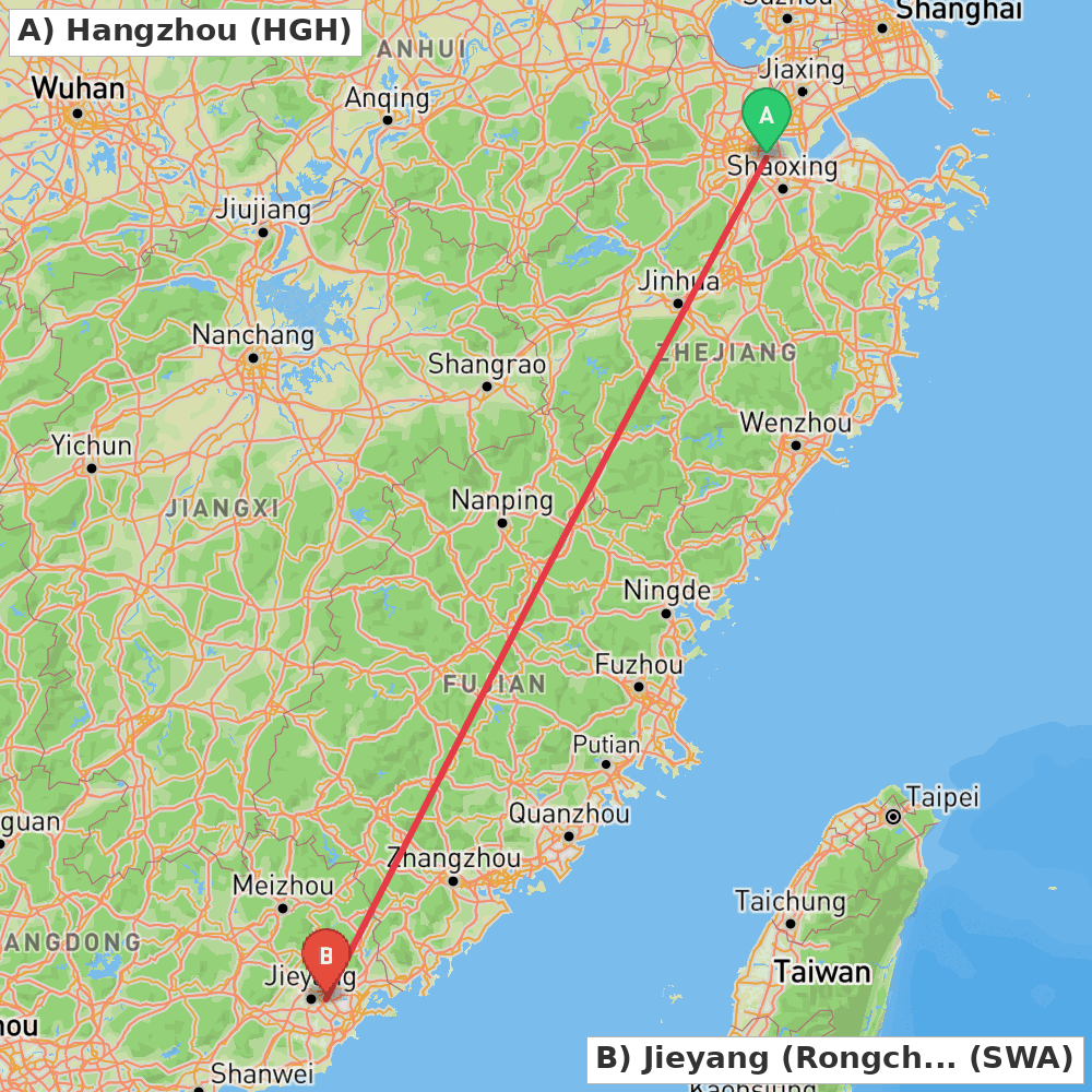 Flight route map from Hangzhou to Jieyang (Rongcheng)