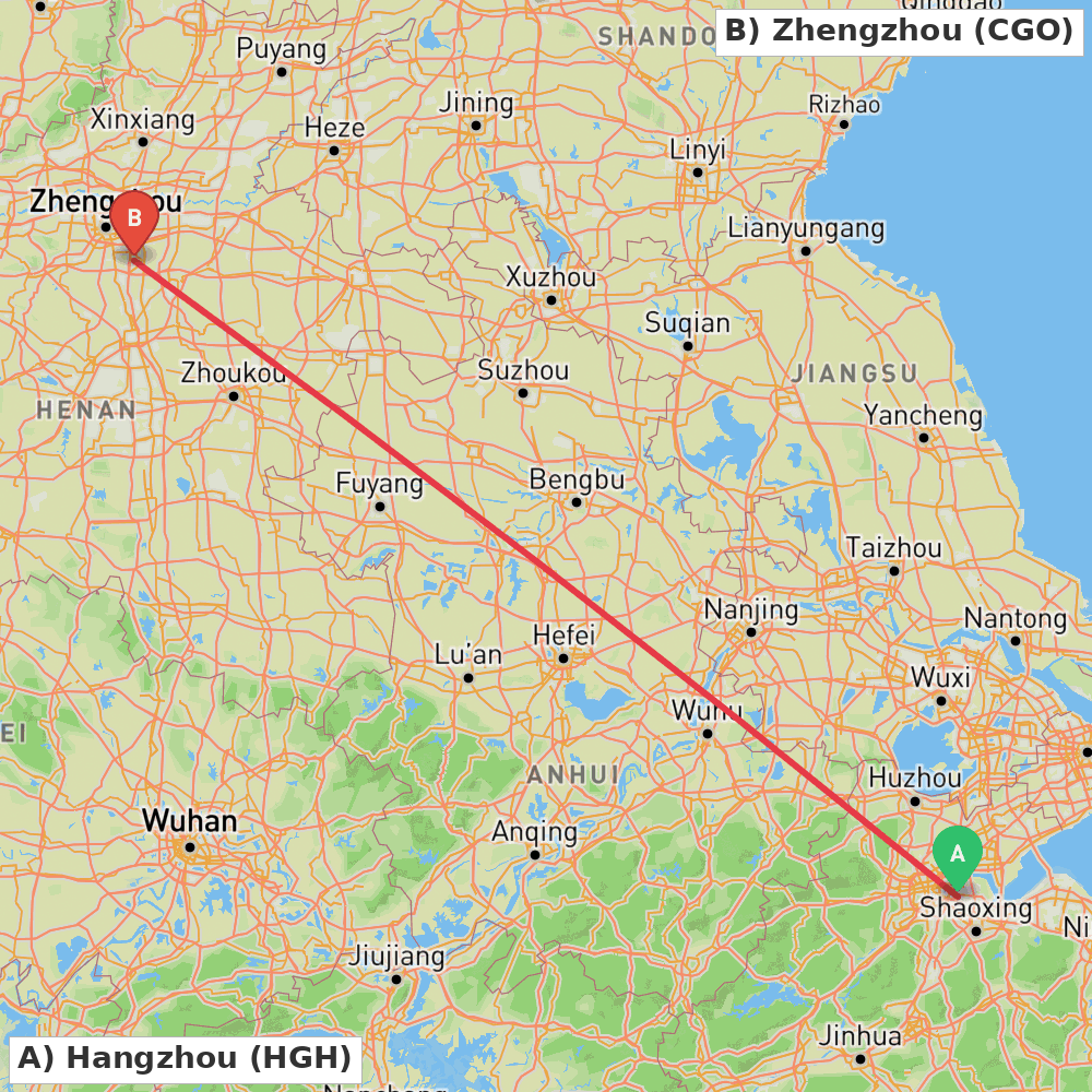 Flight route map from Hangzhou to Zhengzhou