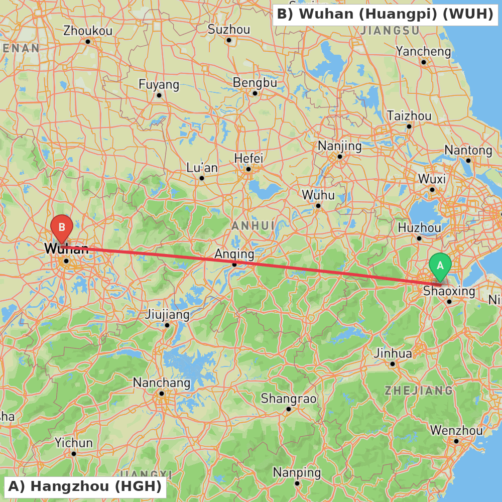 Flight route map from Hangzhou to Wuhan (Huangpi)
