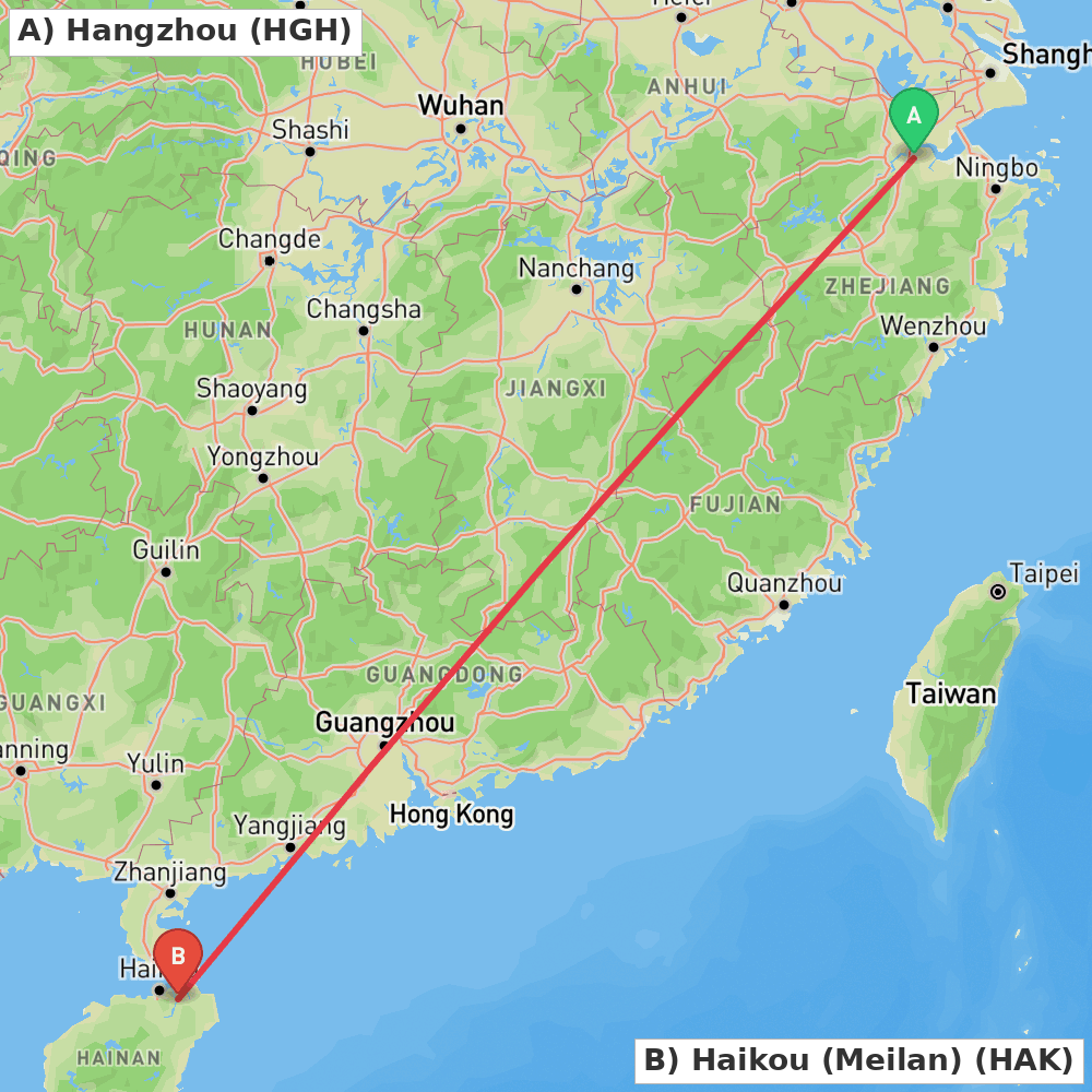 Flight route map from Hangzhou to Haikou (Meilan)