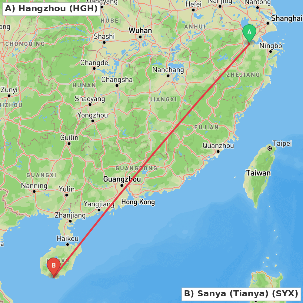Flight route map from Hangzhou to Sanya (Tianya)