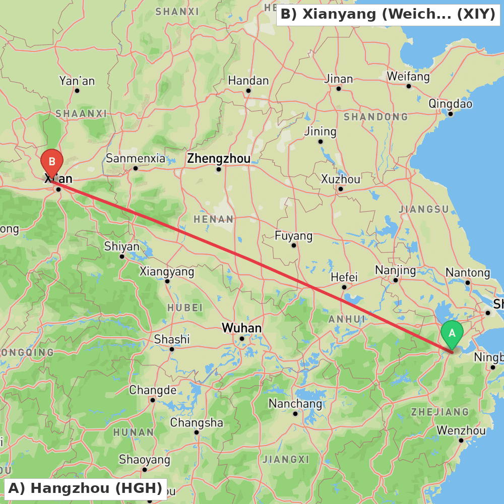 Flight route map from Hangzhou to Xianyang (Weicheng)