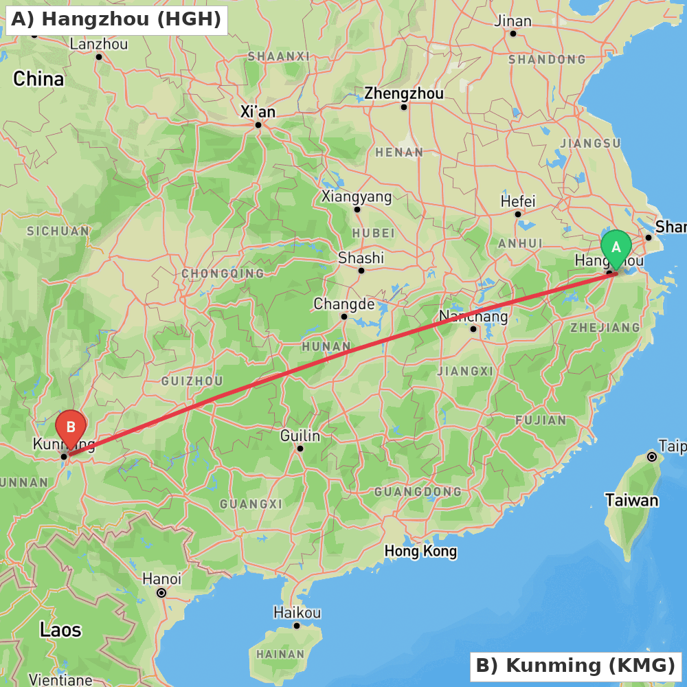 Flight route map from Hangzhou to Kunming