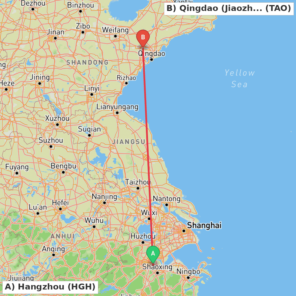 Flight route map from Hangzhou to Qingdao (Jiaozhou)