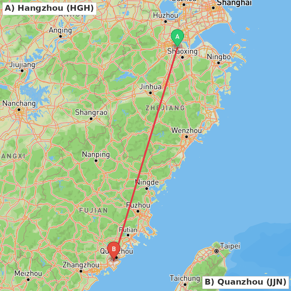 Flight route map from Hangzhou to Quanzhou