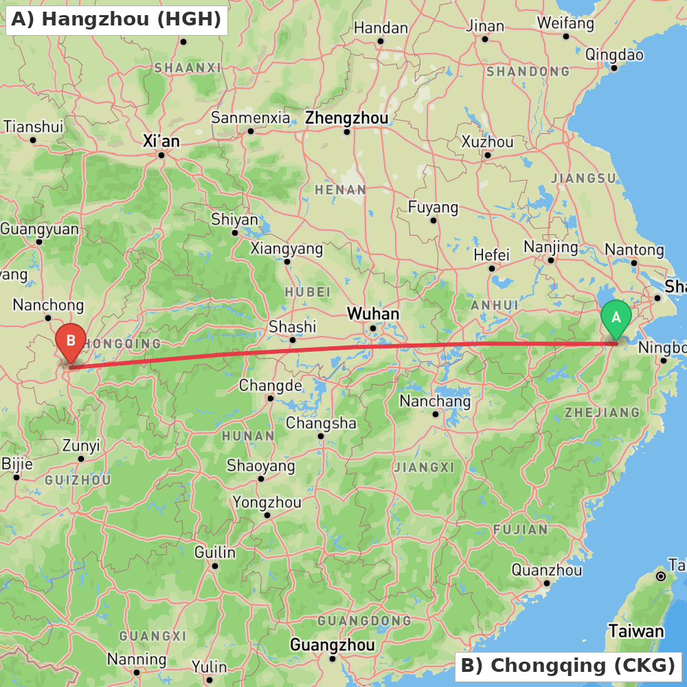 Flight route map from Hangzhou to Chongqing