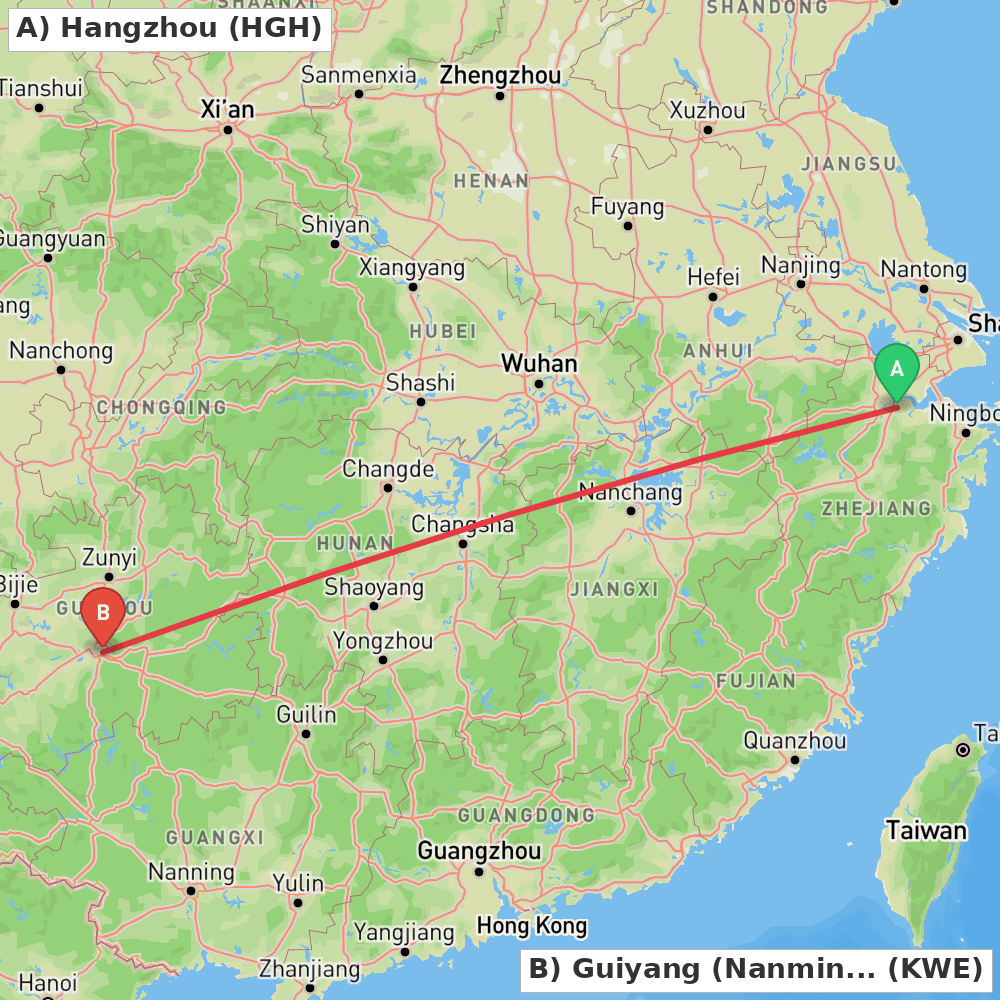 Flight route map from Hangzhou to Guiyang (Nanming)