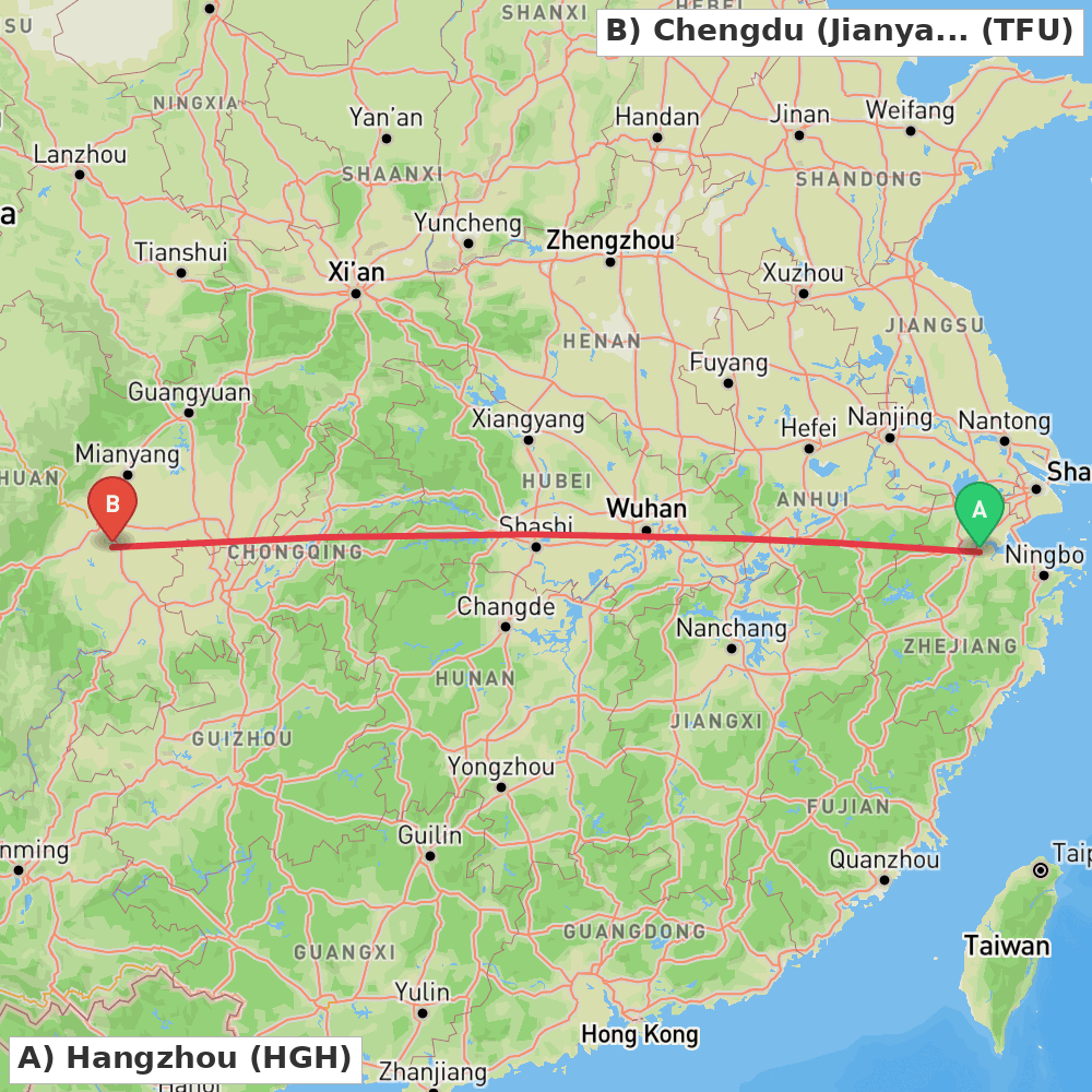 Flight route map from Hangzhou to Chengdu (Jianyang)