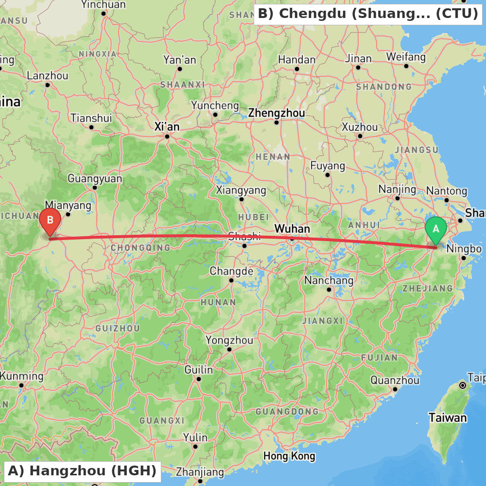 Flight route map from Hangzhou to Chengdu (Shuangliu)