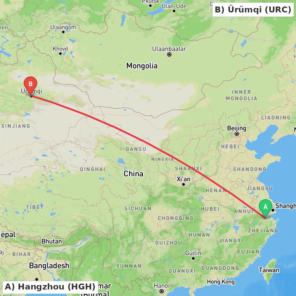 Flight route map from Hangzhou to Ürümqi