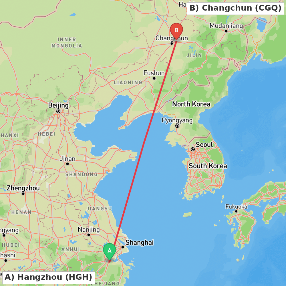 Flight route map from Hangzhou to Changchun