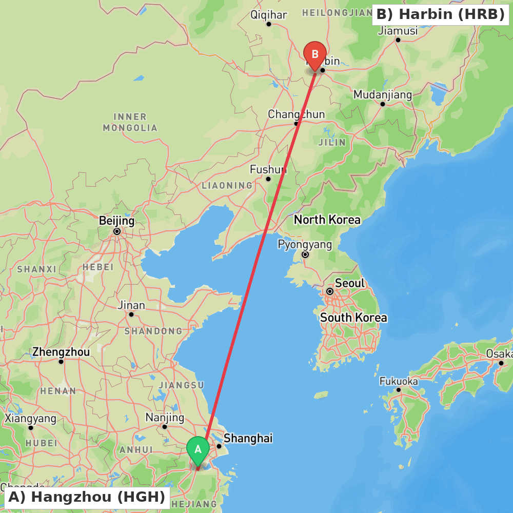 Flight route map from Hangzhou to Harbin