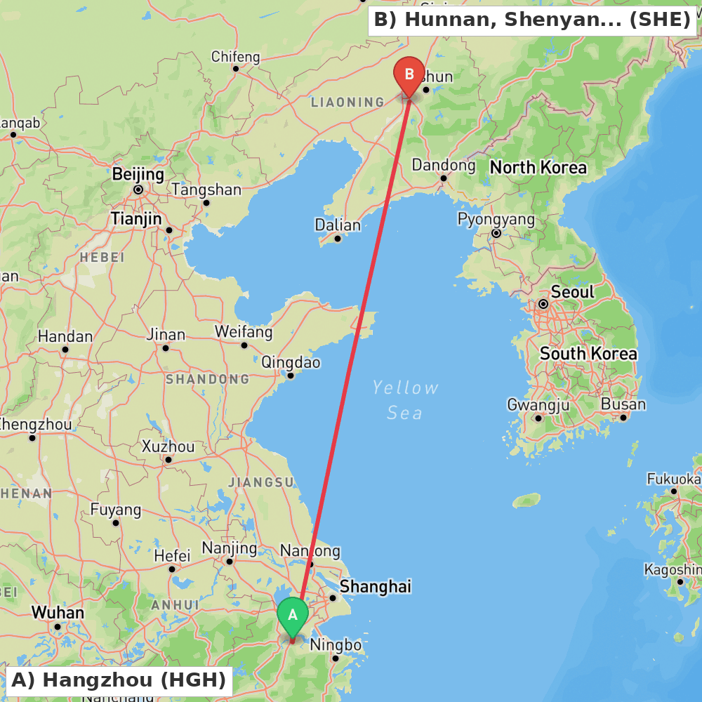 Flight route map from Hangzhou to Hunnan, Shenyang