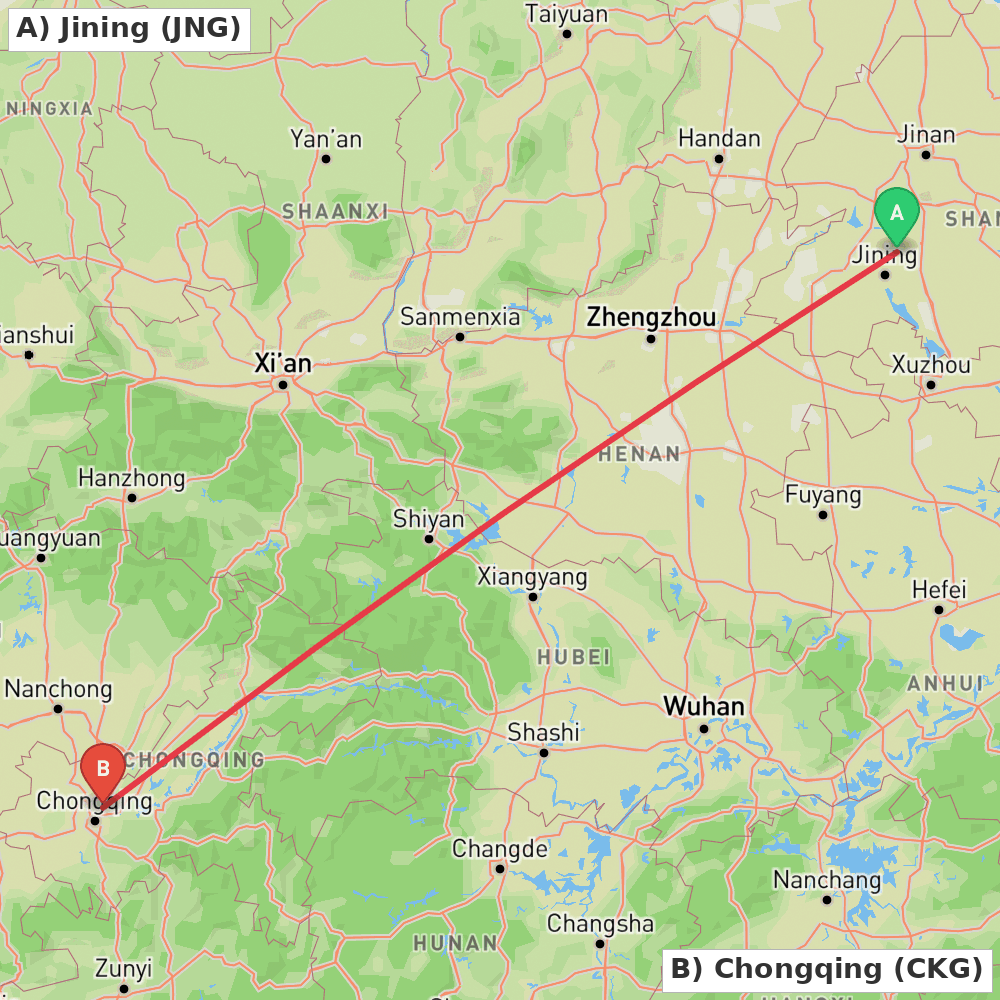 Flight route map from Jining to Chongqing