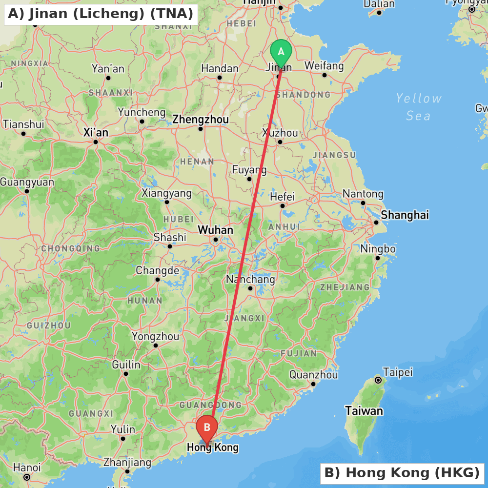 Flight route map from Jinan (Licheng) to Hong Kong