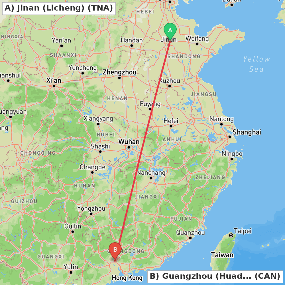 Flight route map from Jinan (Licheng) to Guangzhou (Huadu)