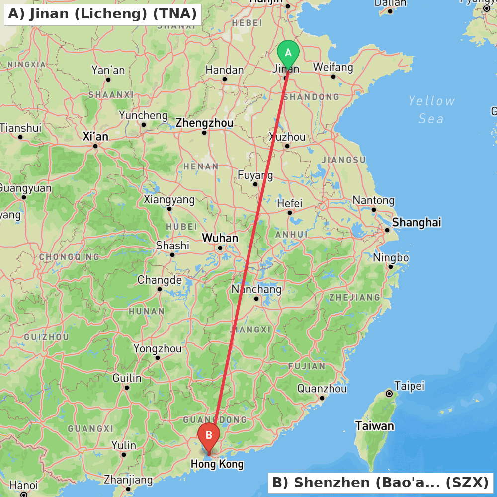 Flight route map from Jinan (Licheng) to Shenzhen (Bao'an)