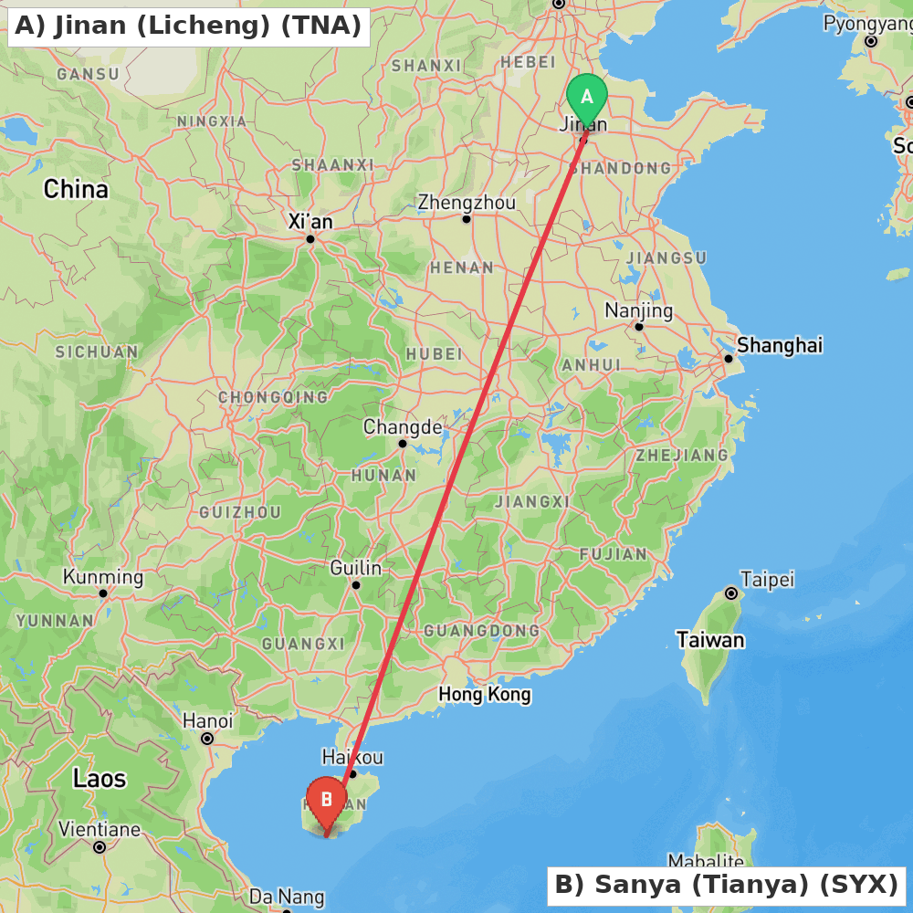 Flight route map from Jinan (Licheng) to Sanya (Tianya)