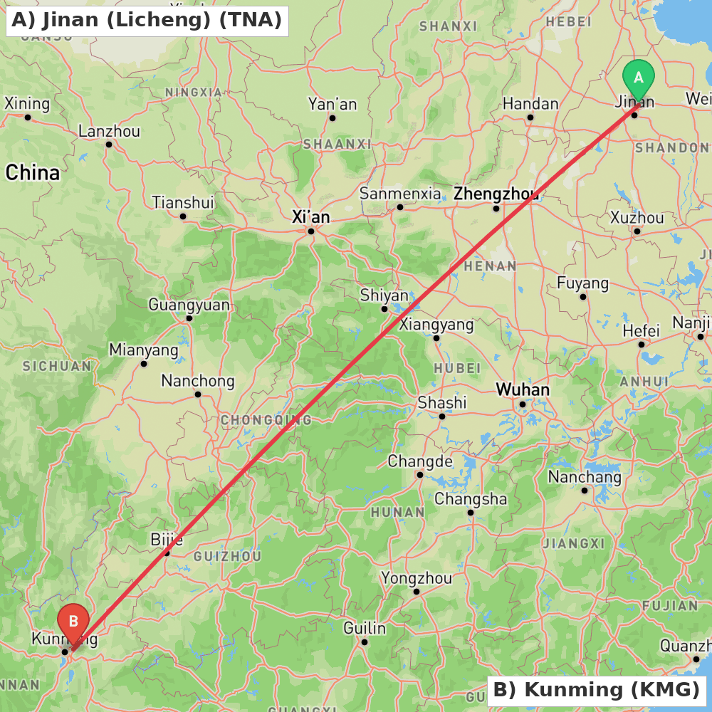 Flight route map from Jinan (Licheng) to Kunming